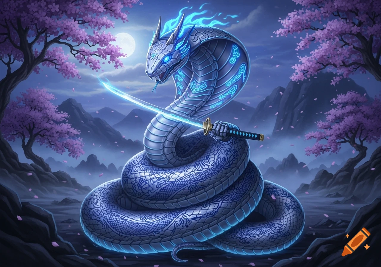 A glowing blue metallic dragon-snake creature coiled, holding a katana under a full moon, with cherry blossoms and misty mountains.