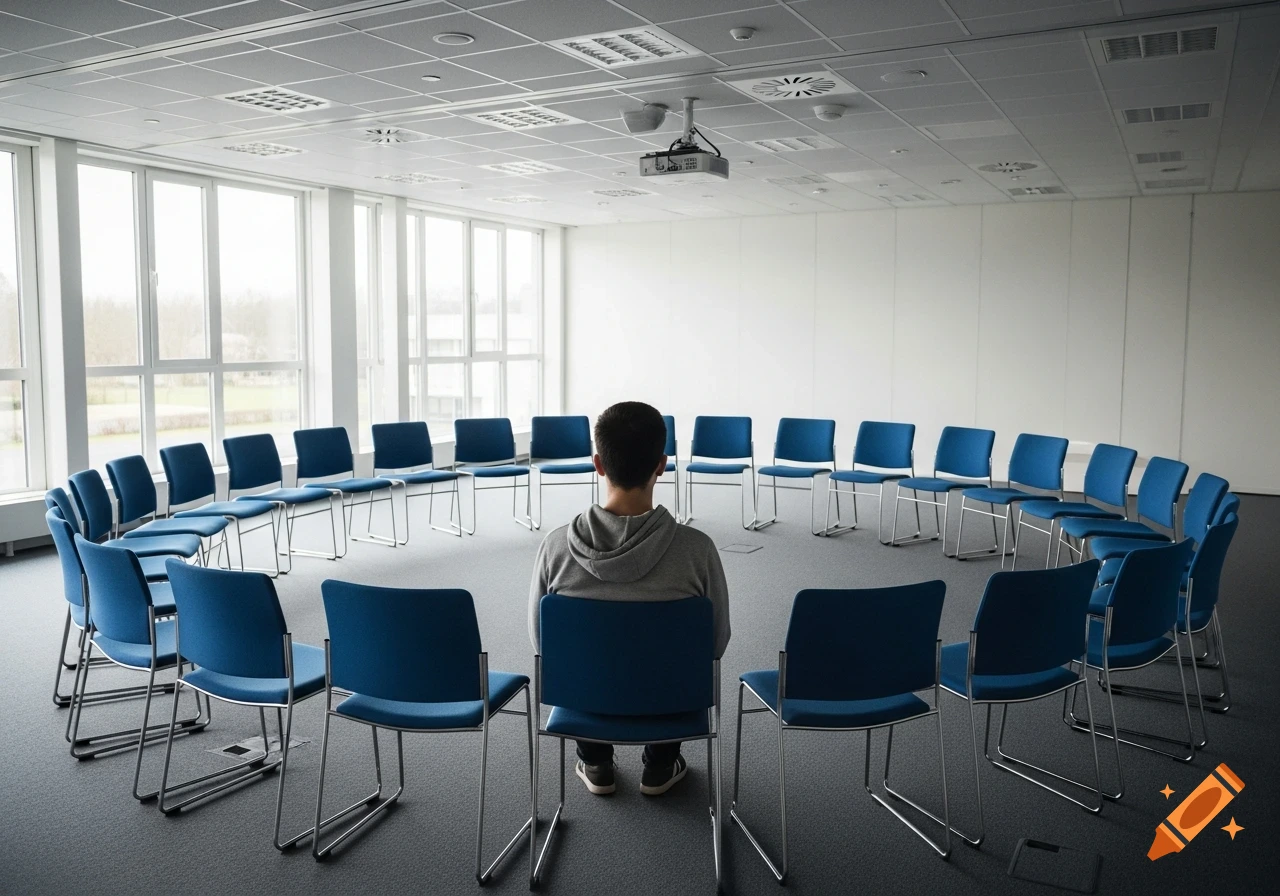 Man in gray sweatshirt sits with back to camera in empty meeting room with blue chairs in a circle and large windows.