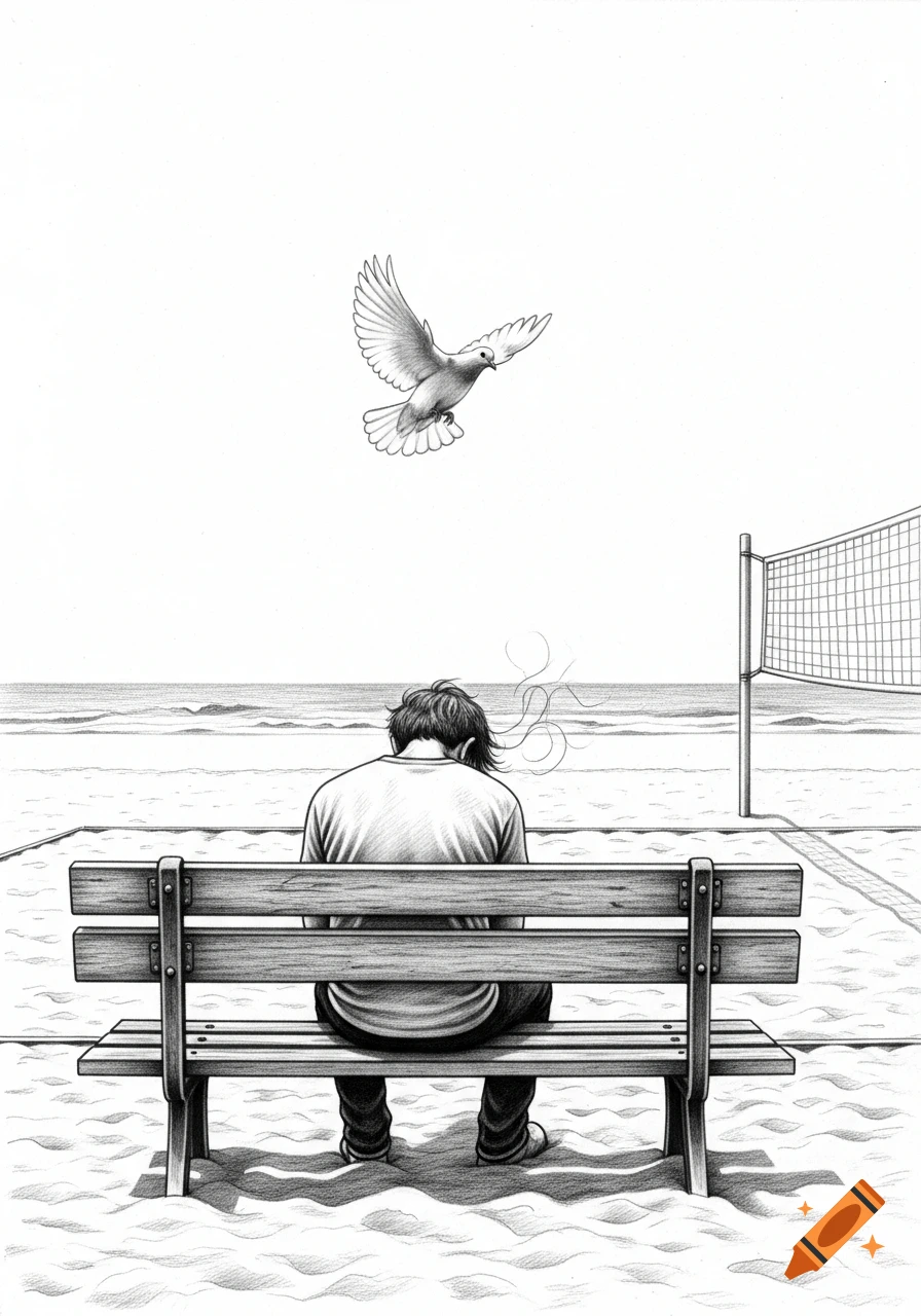 Pencil drawing of a man sitting on a bench on a beach volleyball court, head bowed, with a dove flying above.
