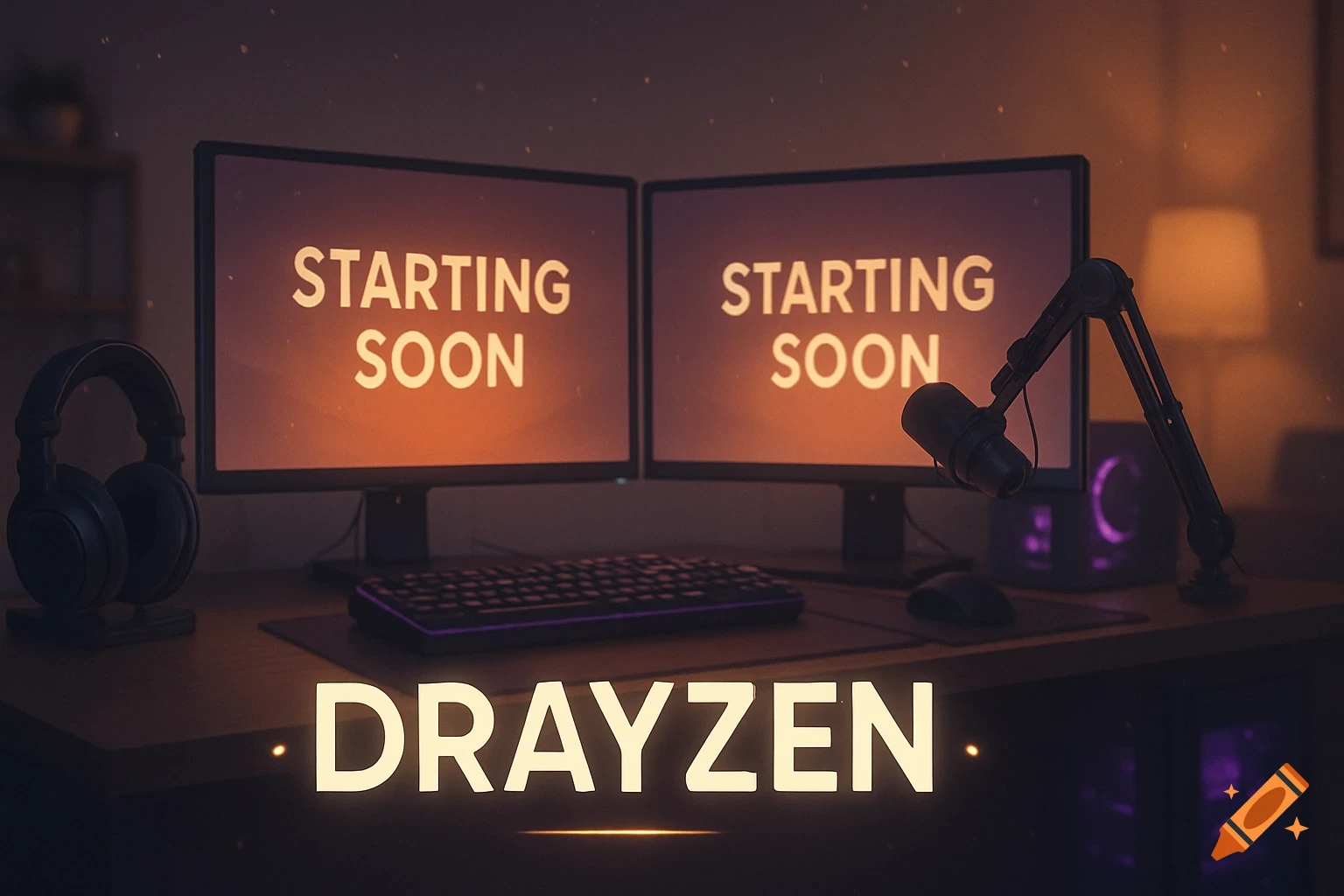 A cozy digital illustration of a gaming/streaming setup with dual monitors showing 'STARTING SOON' and 'DRAYZEN' in the foreground.