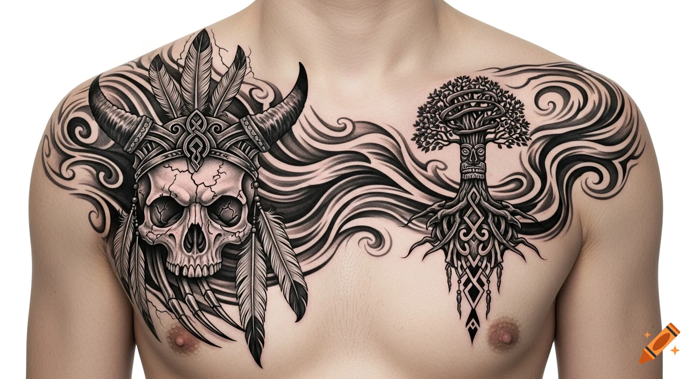 Blackwork chest tattoo featuring a horned shamanic skull, a world tree totem, and swirling patterns on a shirtless torso.