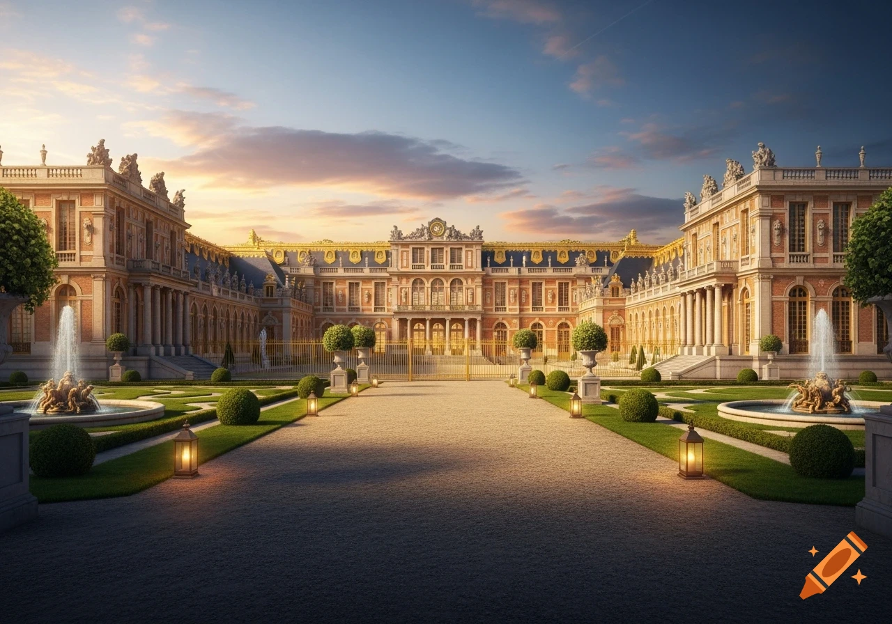 A grand palace with ornate golden details, formal gardens, and fountains at sunset, reminiscent of Versailles.