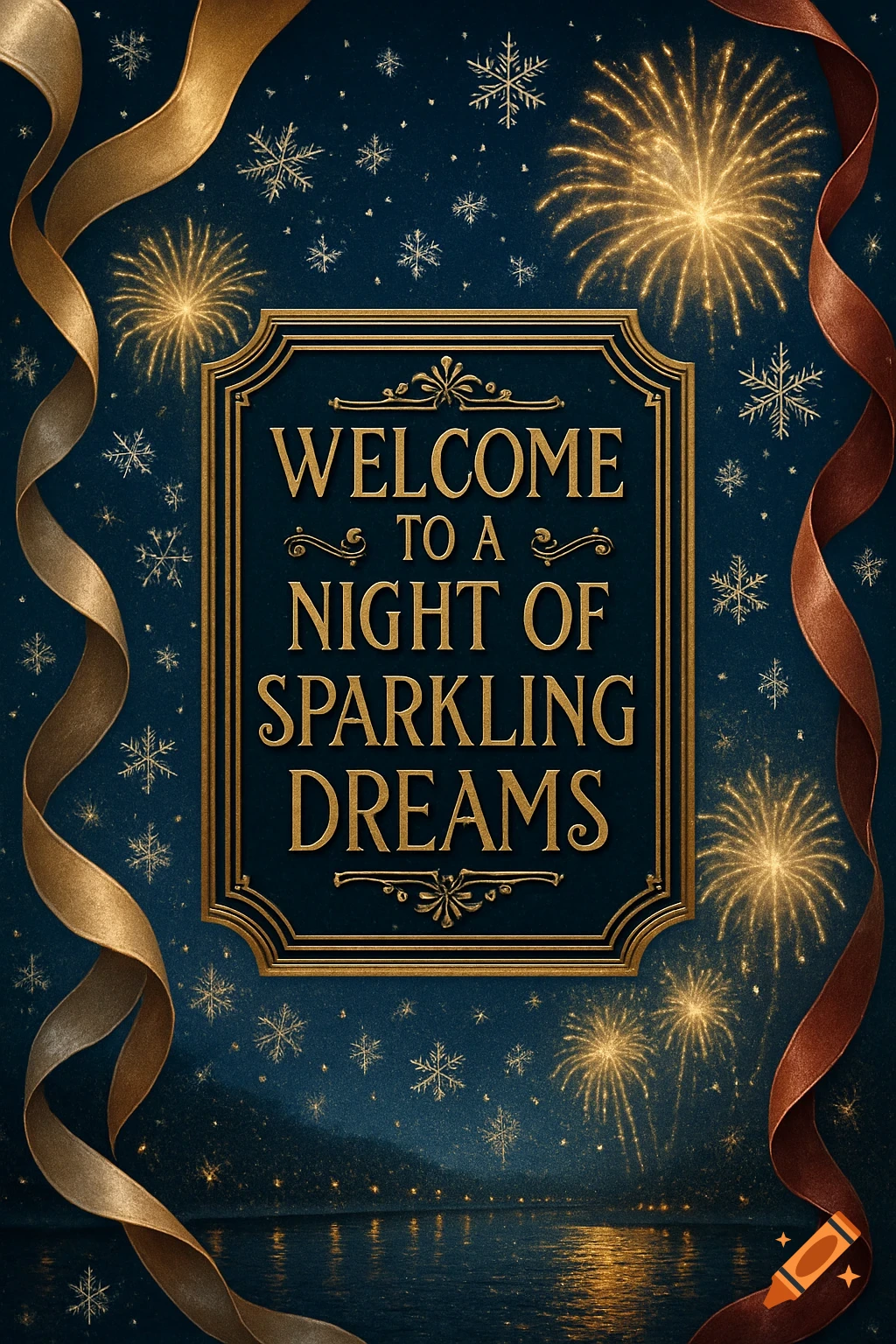 A festive invitation card with 'WELCOME TO A NIGHT OF SPARKLING DREAMS' in gold on a blue background with fireworks, snowflakes, and ribbons.