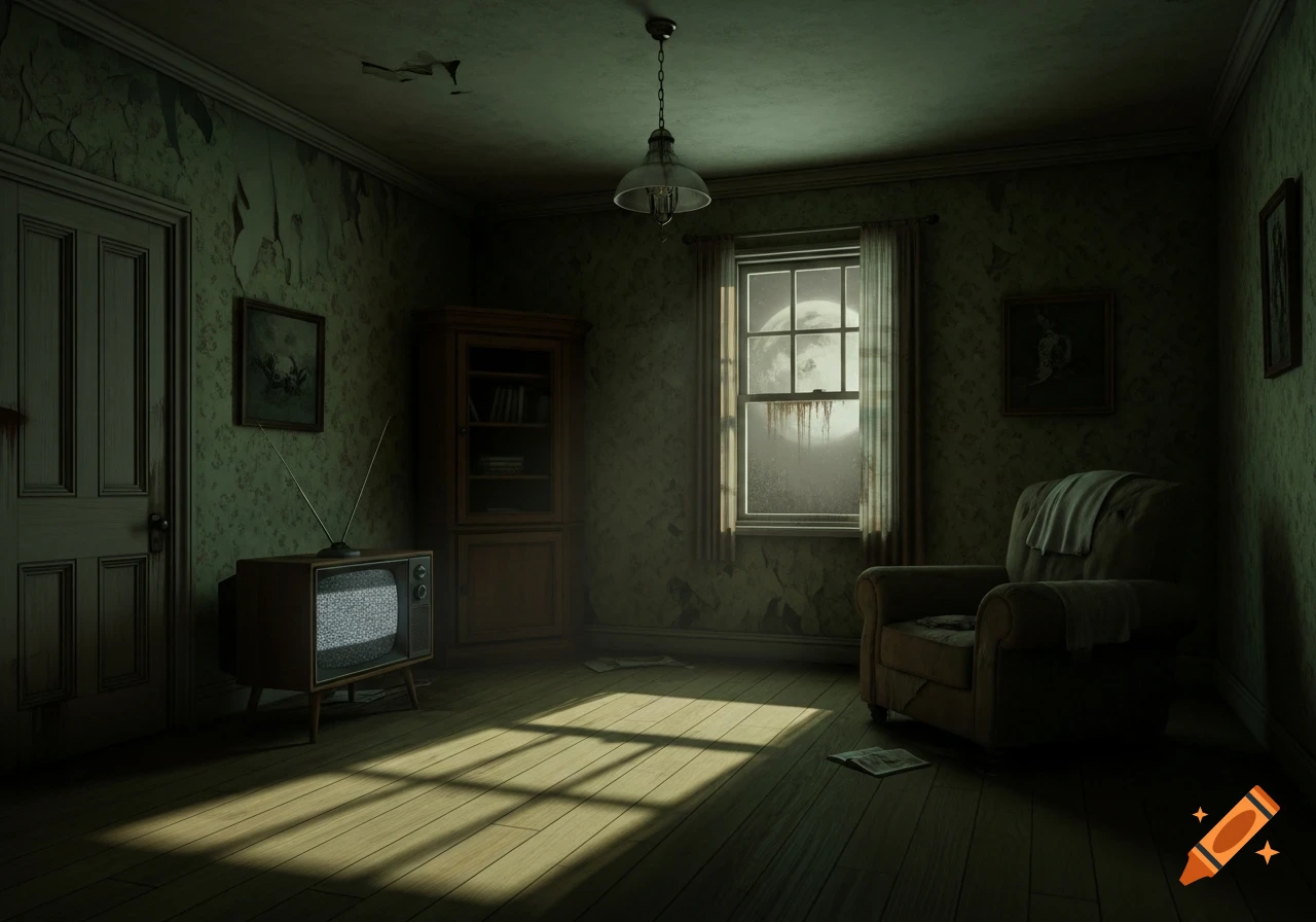 A dimly lit, rundown room with peeling wallpaper. Moonlight streams through a window, illuminating an old TV with static and an armchair.