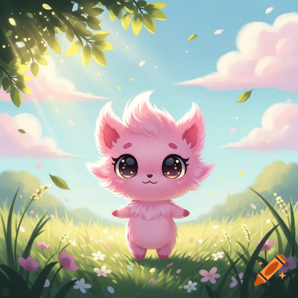 A cute, fluffy pink creature with large eyes stands in a sunny meadow with flowers and a leafy tree overhead.