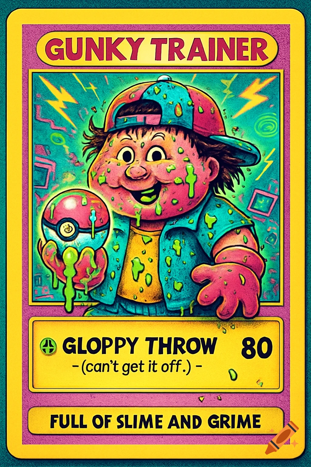 A vibrant, cartoonish trading card depicting a Garbage Pail Kid-style trainer covered in pink and green slime, holding a slime-dripping pokeball.