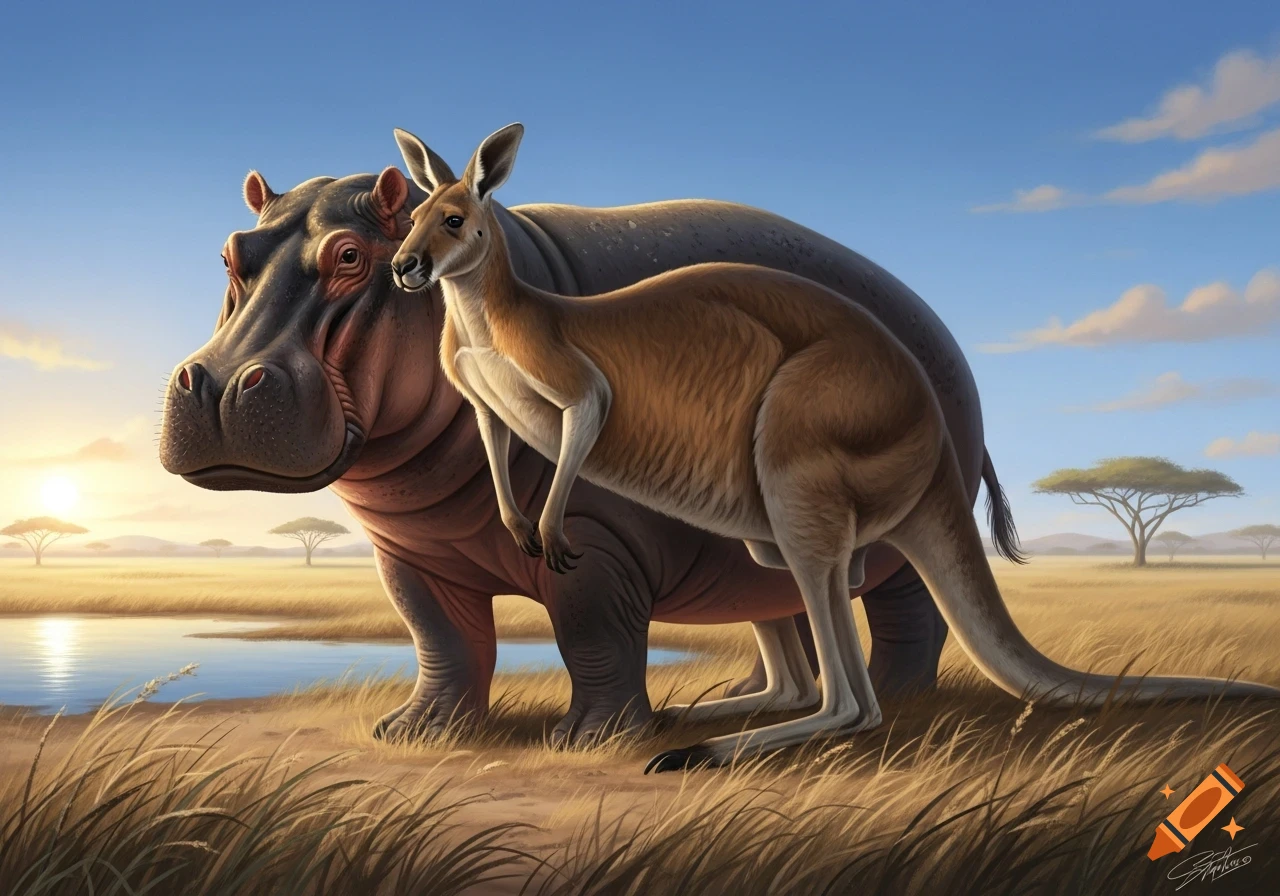 A kangaroo stands in front of a hippopotamus in a sunny savanna landscape with trees and a small pond.