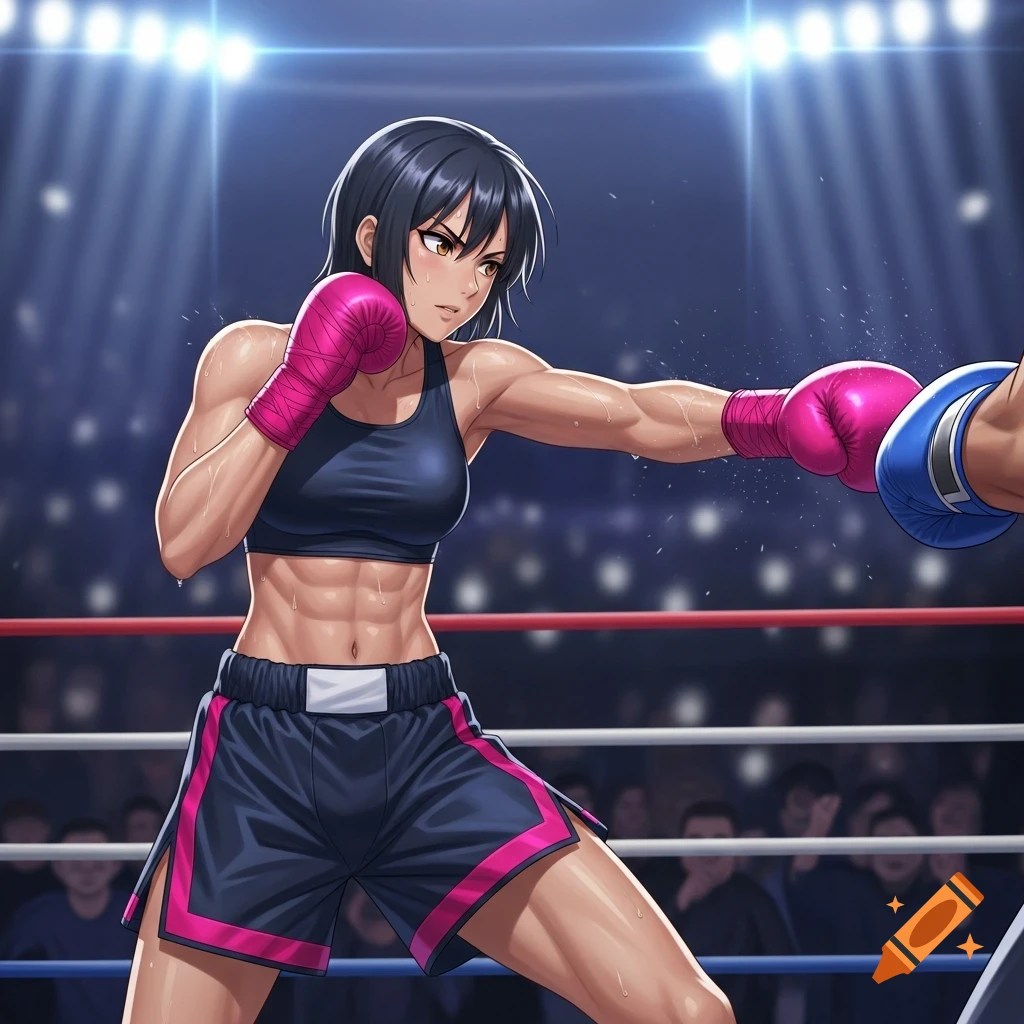 An anime girl boxer with short dark hair and pink gloves throws a punch in a brightly lit boxing ring.