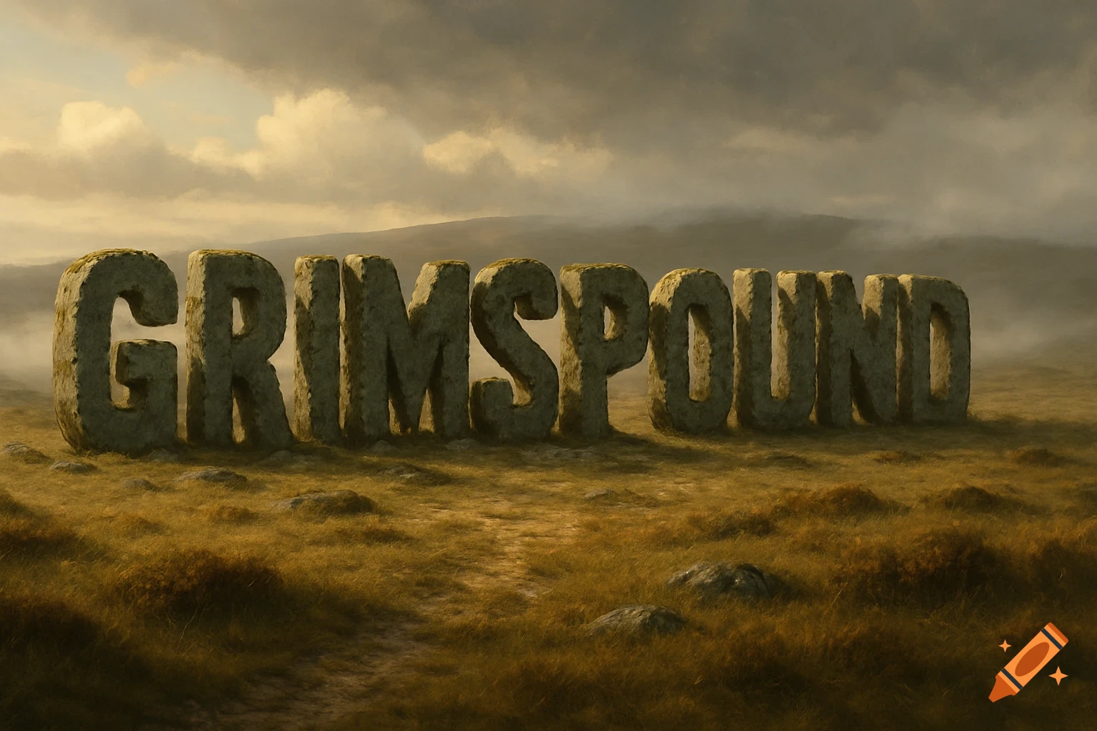 Large weathered granite letters spelling 'GRIMSPOUND' stand on a windswept, grassy moorland under a cloudy sky.
