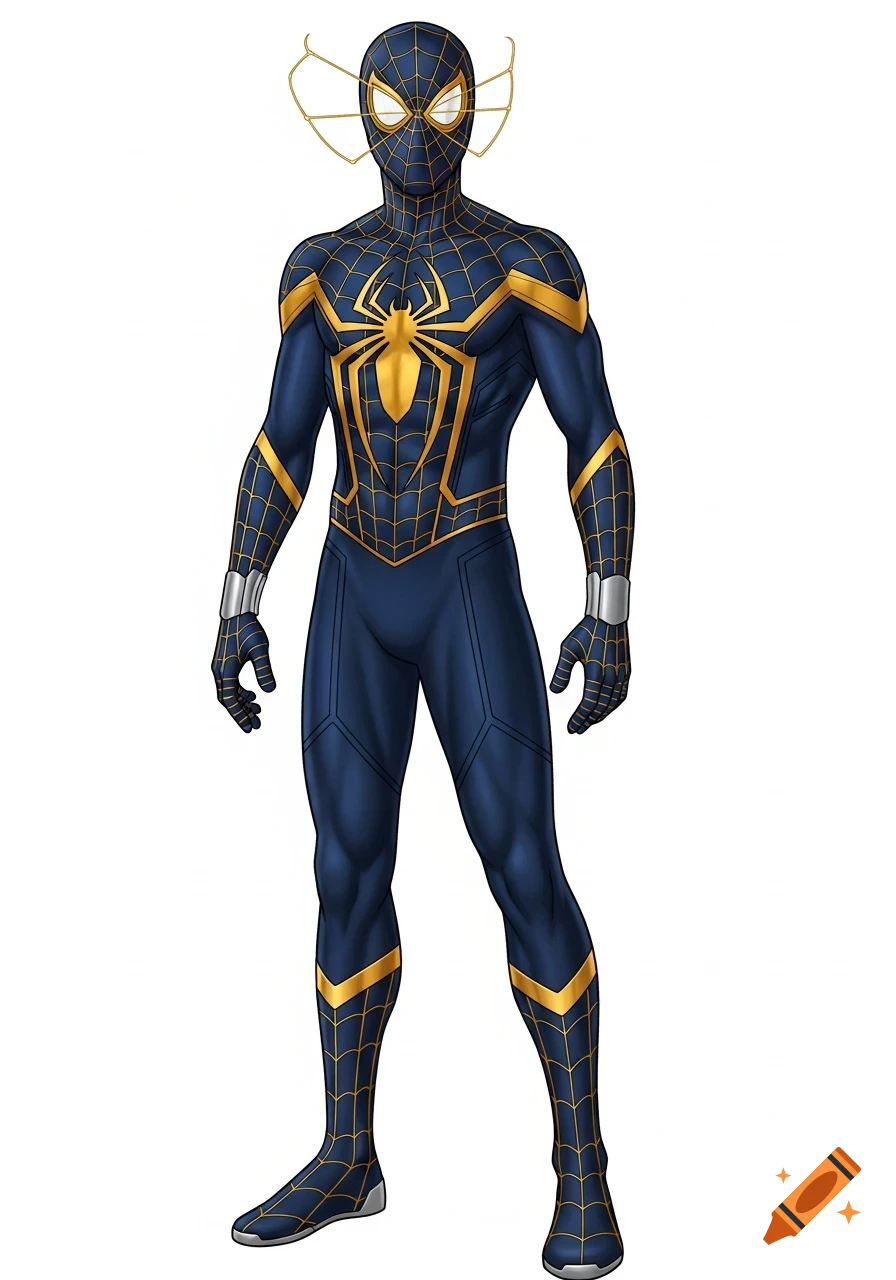 A male superhero in a form-fitting deep navy blue and gold suit with a gold spider emblem and web pattern stands on white.