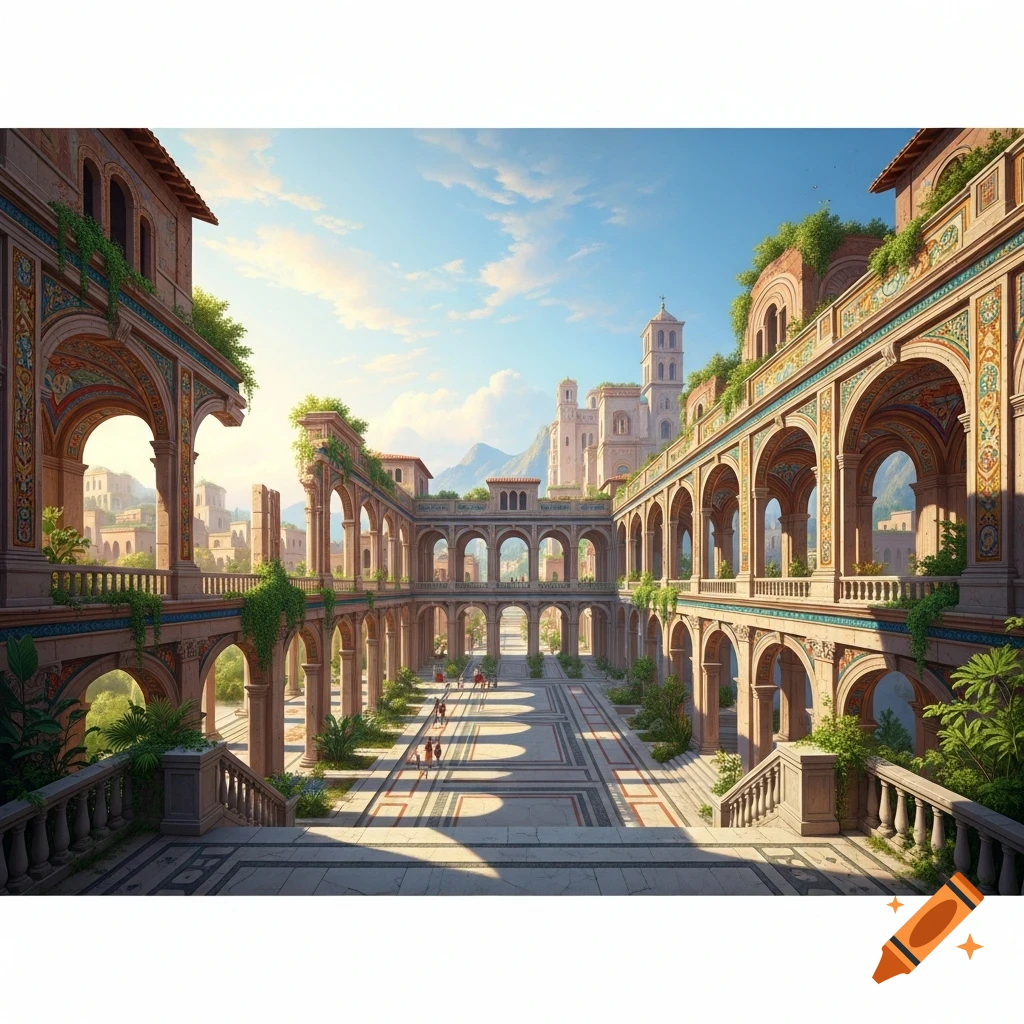 A grand, symmetrical courtyard with classical architecture, featuring multiple arches, intricate patterns, and lush greenery under a bright blue sky.