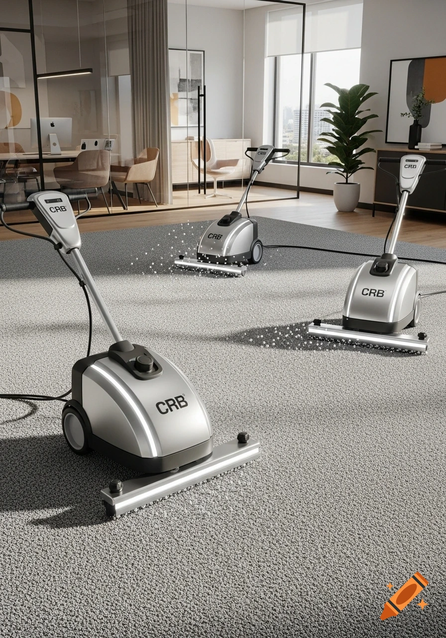 Three silver CRB carpet cleaning machines work on a light gray carpet in a modern office.