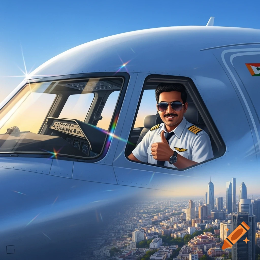 Stylized illustration of an Indian pilot in an airplane cockpit, giving a thumbs-up above a city skyline at sunset.