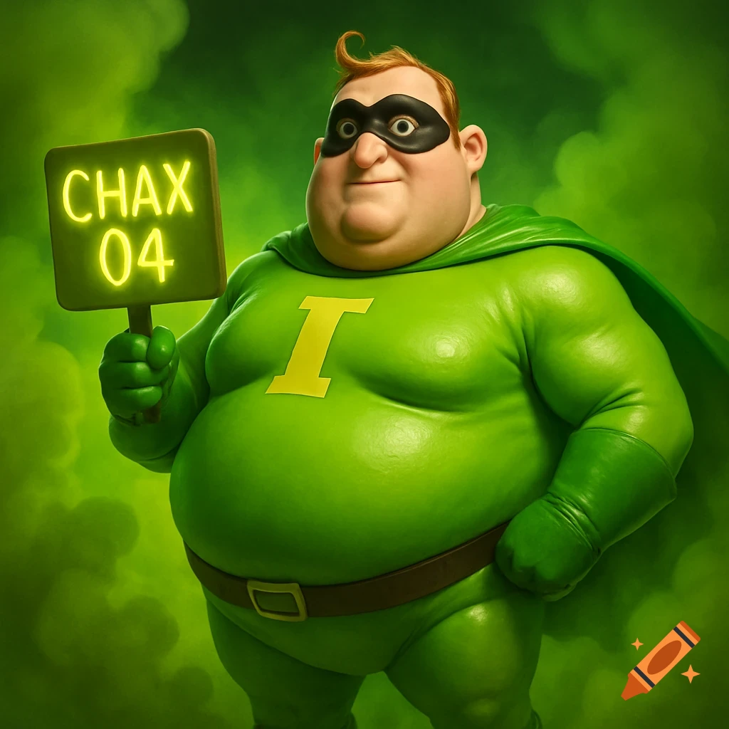 A cartoonishly fat superhero in a green suit with an 'I' and a black eye mask, holding a 'CHAX 04' sign amidst green smoke in 3D animation.