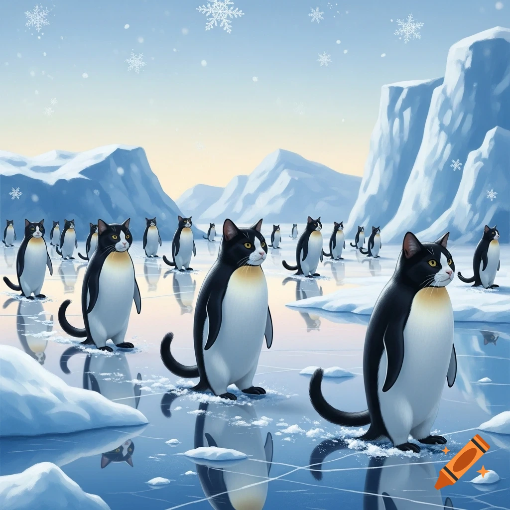 Stylized illustration of tuxedo cats resembling penguins standing on ice in a snowy arctic landscape with mountains and snowflakes.
