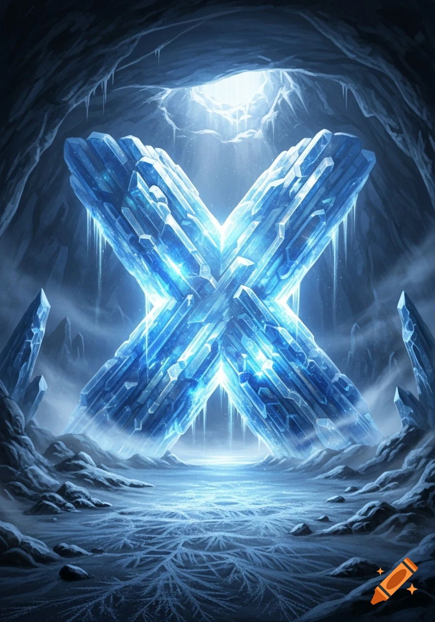 A large, glowing blue 'X' shape made of ice crystals dominates a dark, icy underground cave, illuminated by a light shaft from above.