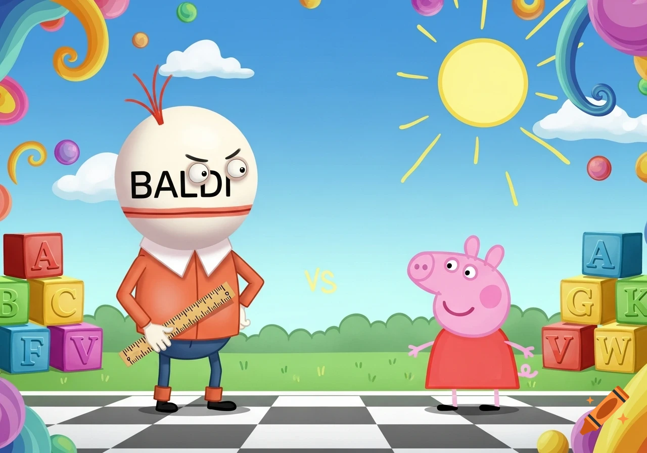 A cartoon image of Baldi and Peppa Pig facing each other on a checkerboard surface, surrounded by colorful blocks with letters, under a sunny blue sky.
