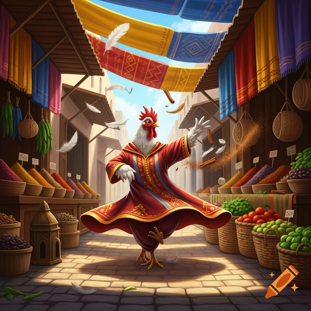 A cartoon rooster in a red jellaba dances amidst a bustling market with spices, produce, and flying feathers.