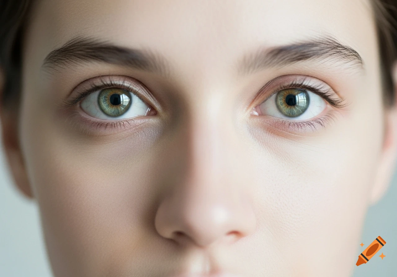 Close-up photorealistic shot of a person's face, focusing on their expressive green eyes.
