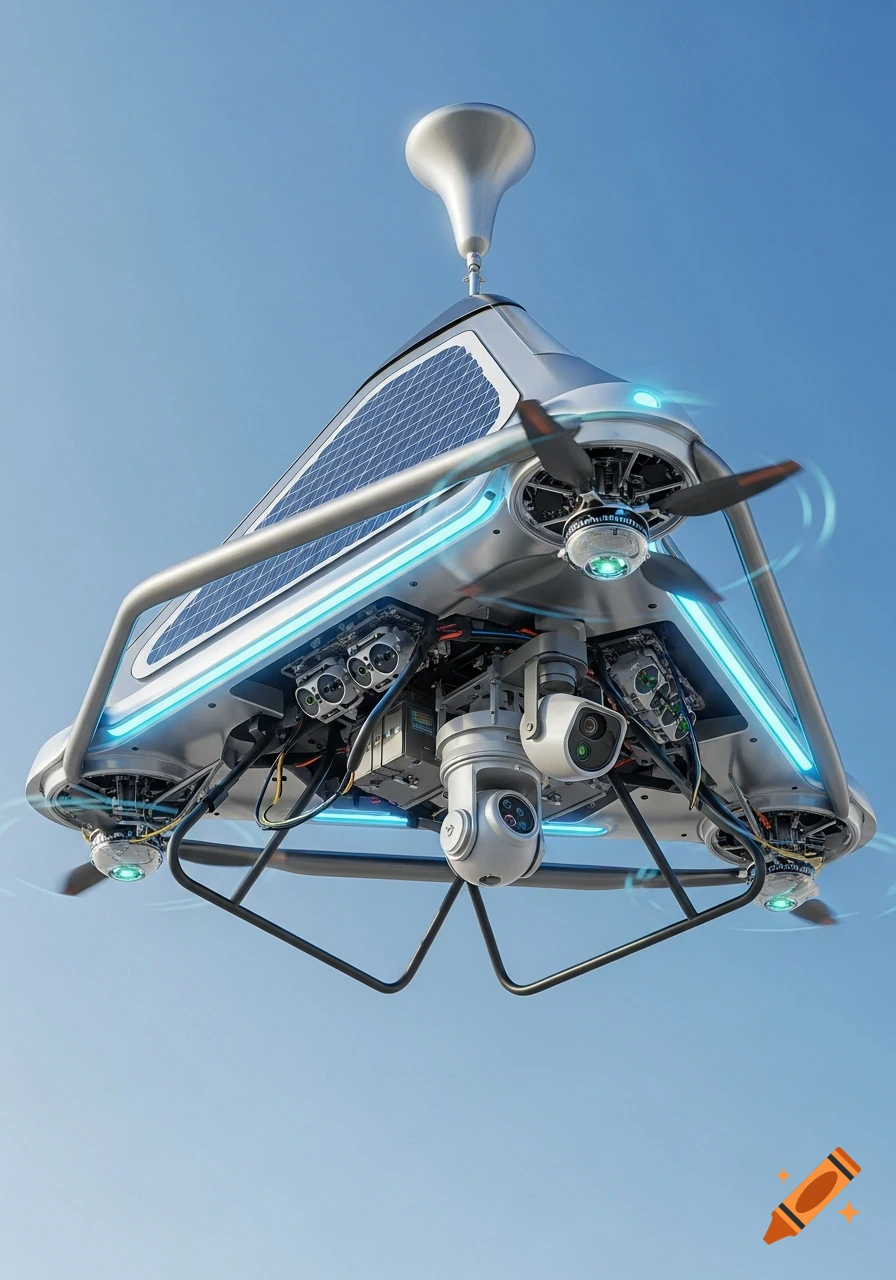 A futuristic silver triangular drone with solar panels, multiple cameras, and propellers hovers against a clear blue sky.
