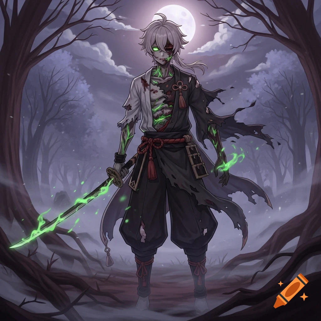 Anime-style zombie samurai with glowing green veins and sword stands in a dark, misty forest under a full moon.
