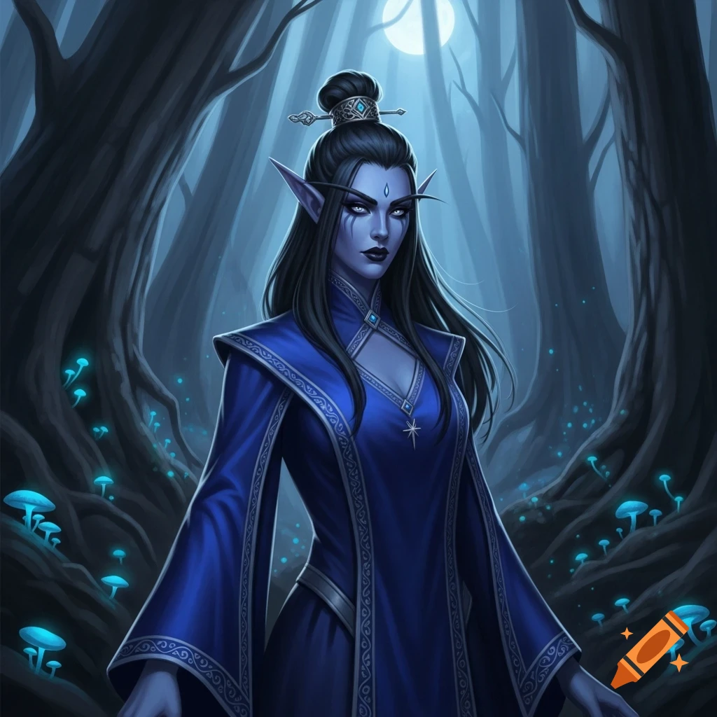 A dark-skinned elf with long black hair in a top knot, wearing a blue robe, stands in a mystical blue-lit forest with glowing mushrooms.