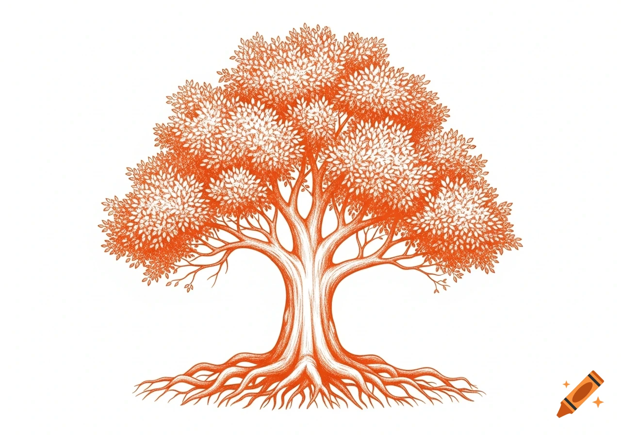 An orange line art illustration of a tree with roots, trunk, branches, and a full canopy of leaves against a white background.