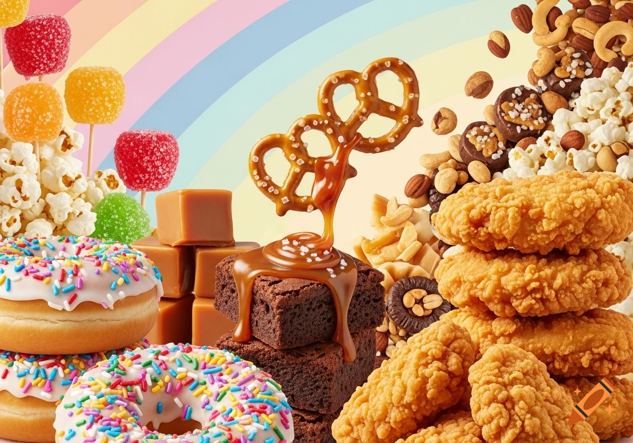 Colorful collage of sugary and salty snacks: donuts, caramel pretzels, fried chicken, popcorn, gummy candy, nuts, against rainbow background.