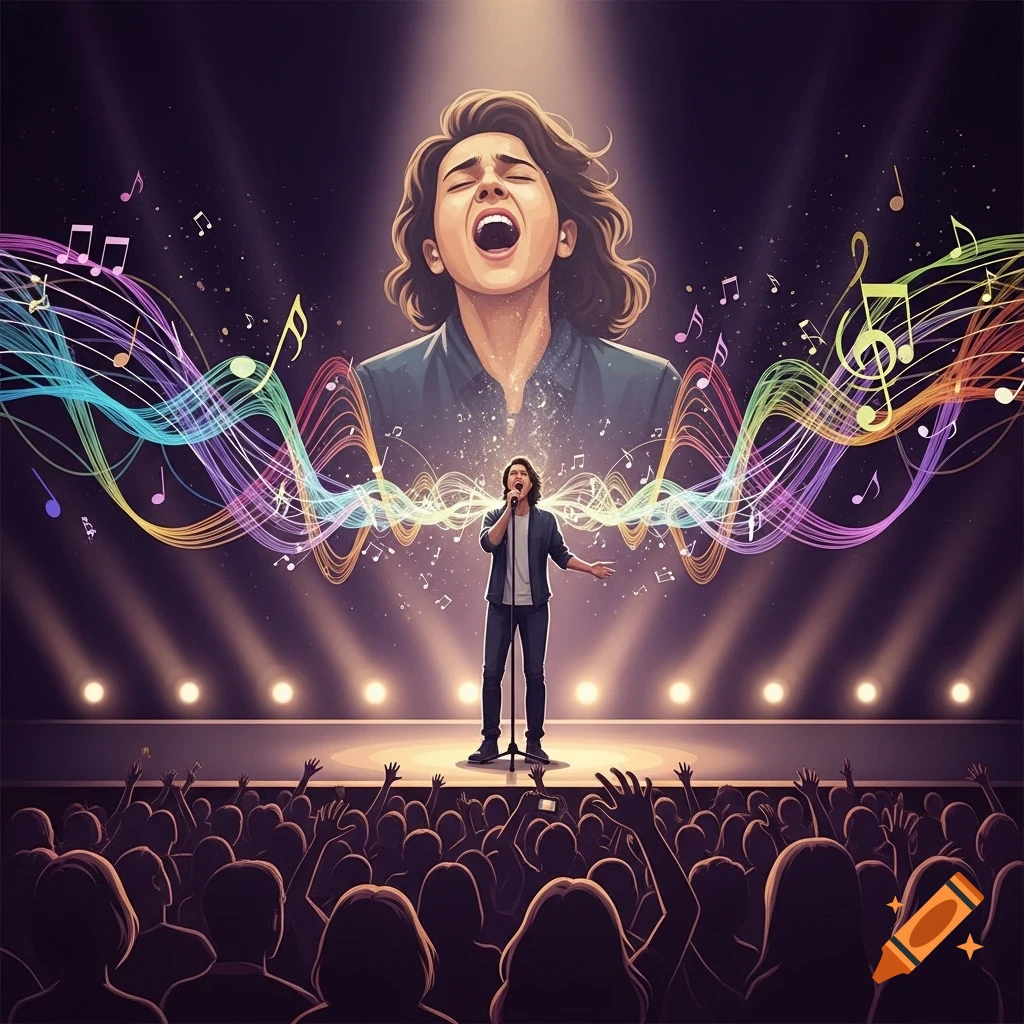 A stylized singer performs on stage with glowing musical notes and a ...