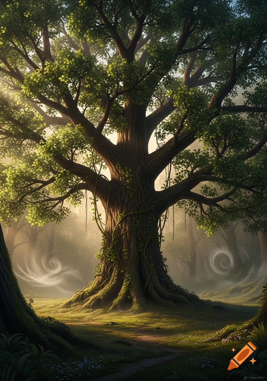 A majestic ancient tree with sprawling roots and lush green leaves, sunlit in a mystical forest with swirling mist, digital art.