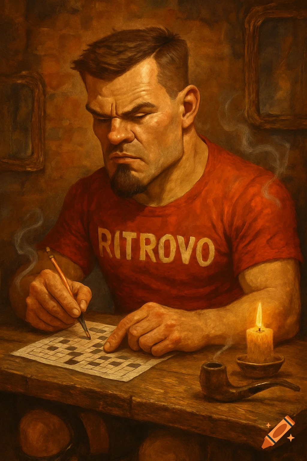 A man with a goatee and red RITROVO shirt intently solves a crossword puzzle at a wooden table, lit by a candle, with a pipe nearby. Painterly style.