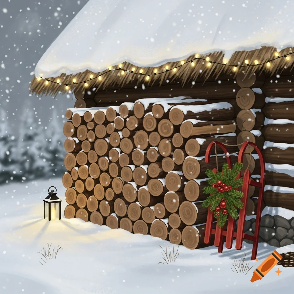 An illustrated snowy winter scene with a log cabin, Christmas lights, a stack of firewood, a glowing lantern, and a red sled with festive greenery.