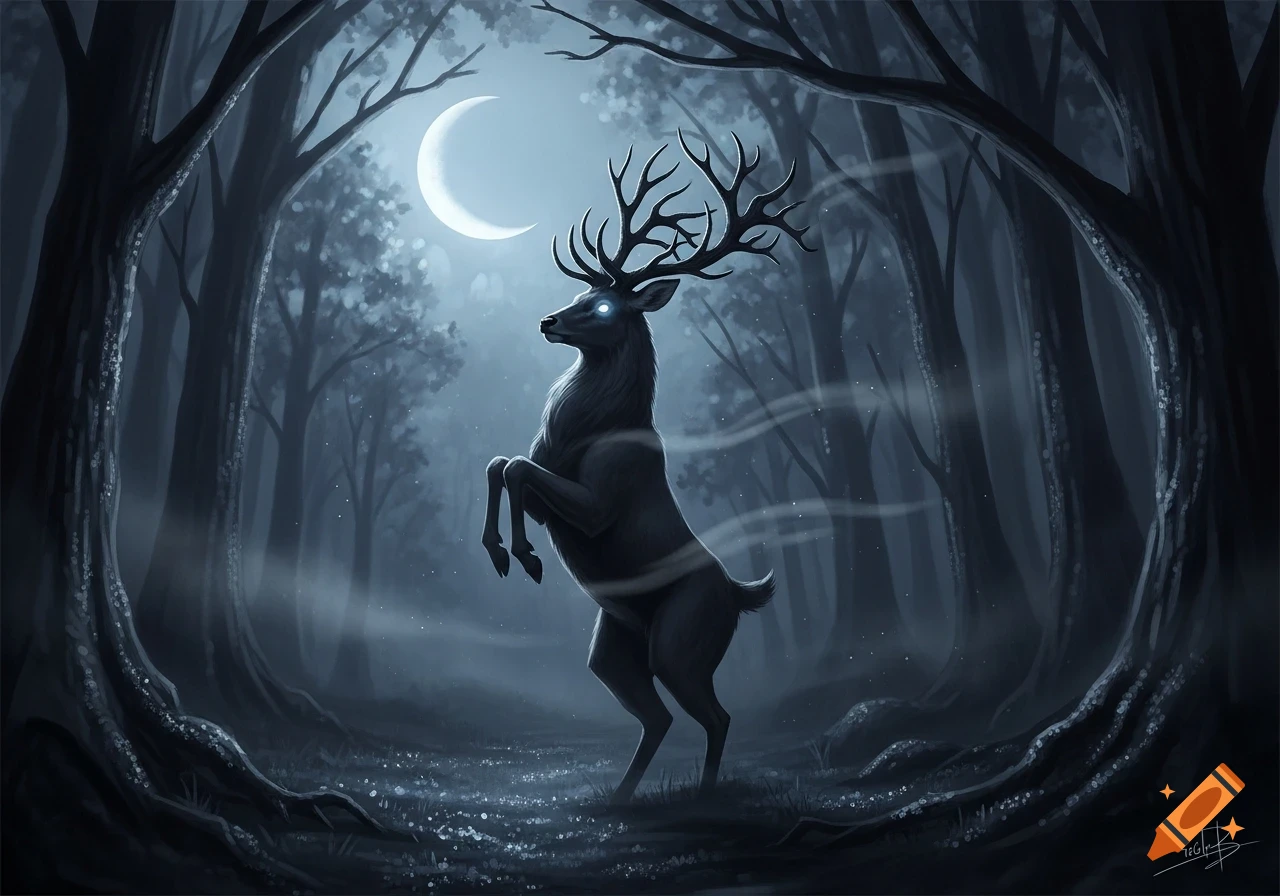 A dark, bipedal deer with glowing eyes stands in a misty forest under a ...