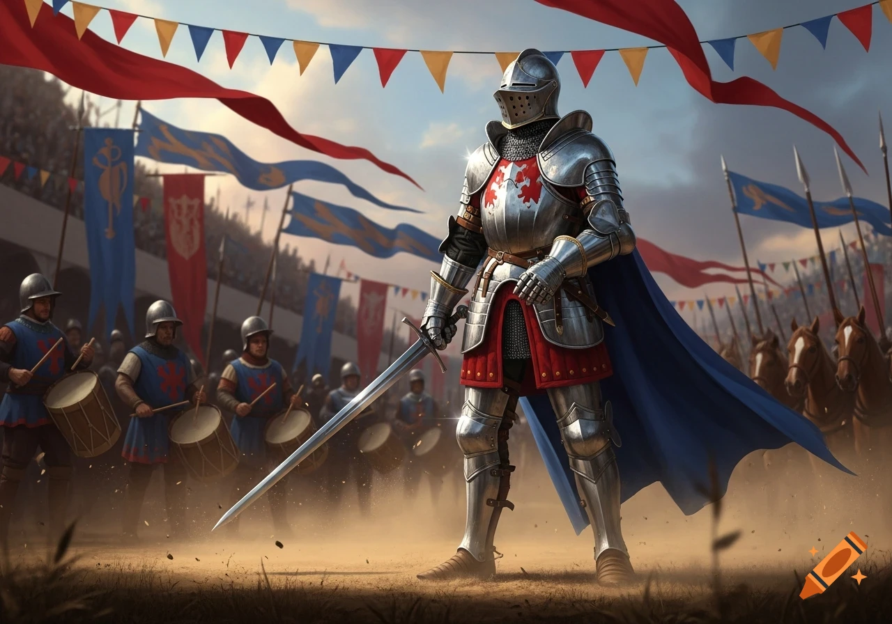 A knight in shining armor stands with a sword in a medieval jousting arena, surrounded by drummers and banners.