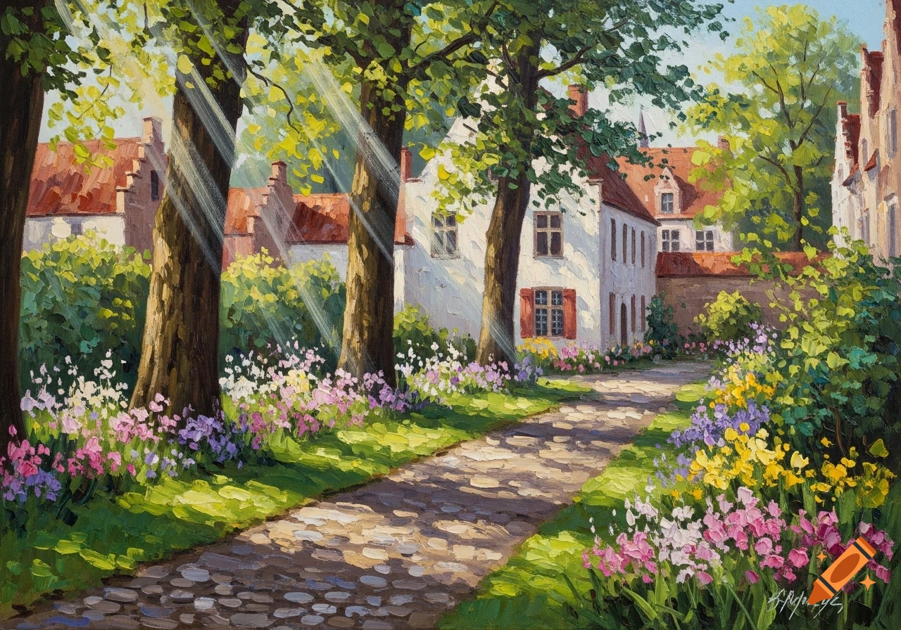 An impressionistic oil painting of a sunlit path winding through a beguinage with historic white buildings, lush trees, and colorful flowers.