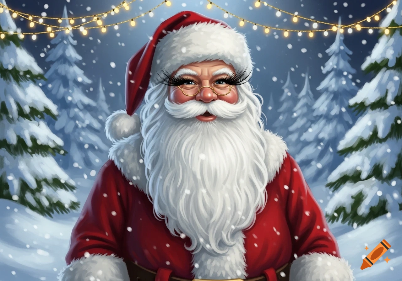A cheerful illustration of Santa Claus with long, beautiful eyelashes in a snowy forest with string lights.