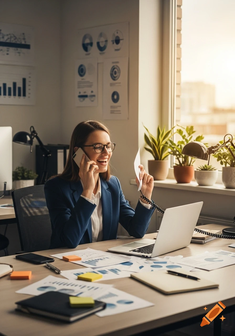 A smiling businesswoman in glasses and a blue suit talks on a phone while holding a paper, sitting at a sunlit office desk with a laptop and documents.