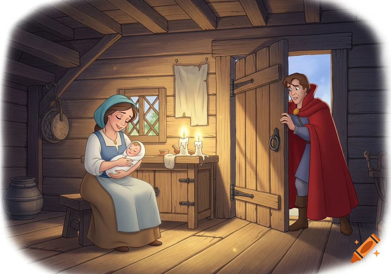 A woman holds a swaddled baby in a wooden hut as a king in a red cloak peeks through a door, in Disney animation style.