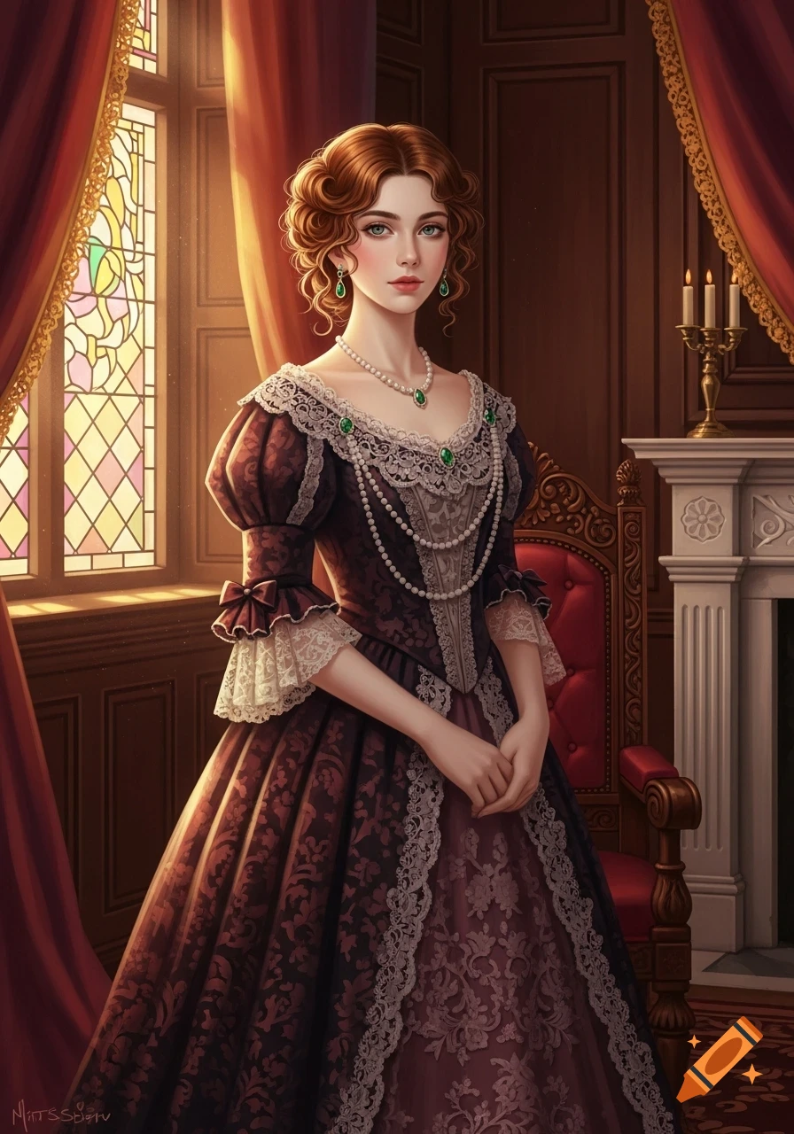 Young Victorian woman with red hair and emerald jewelry, wearing an ornate dark gown with lace, standing in a lavish room.