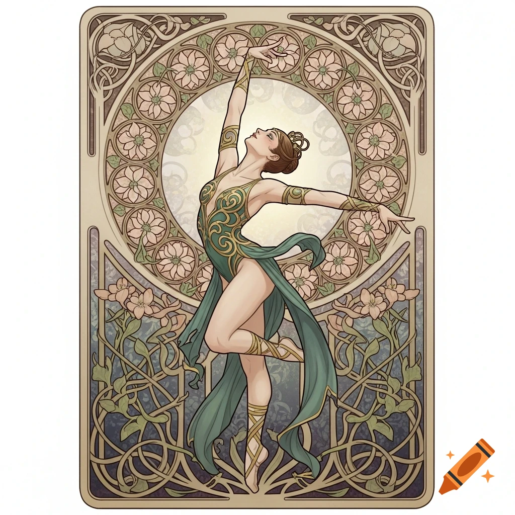 Art Nouveau illustration of a woman in a green and gold flowing outfit, dancing gracefully amidst floral and vine patterns.