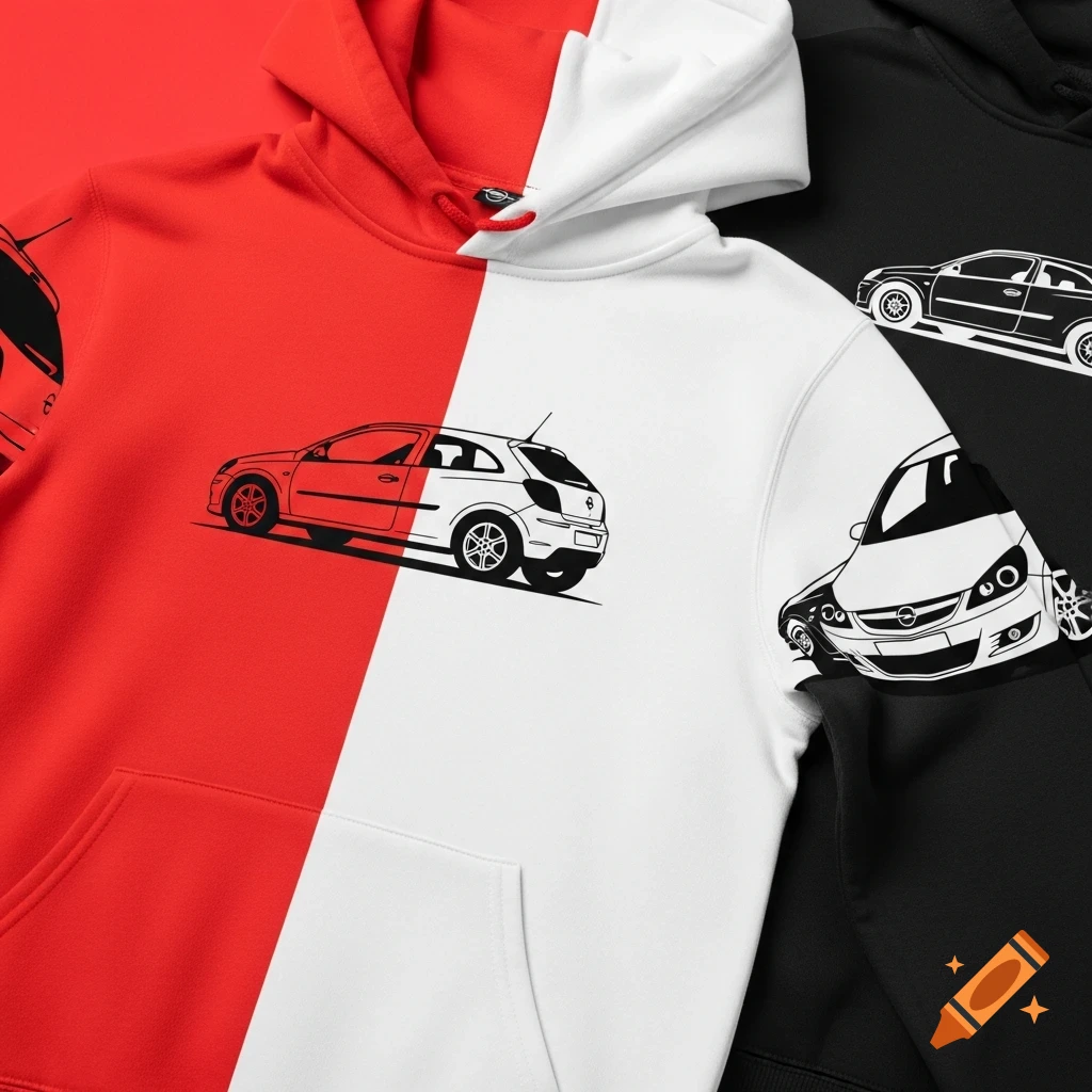 Two folded hoodies, one red and white split with a black line art car, and one black with a black line art car.