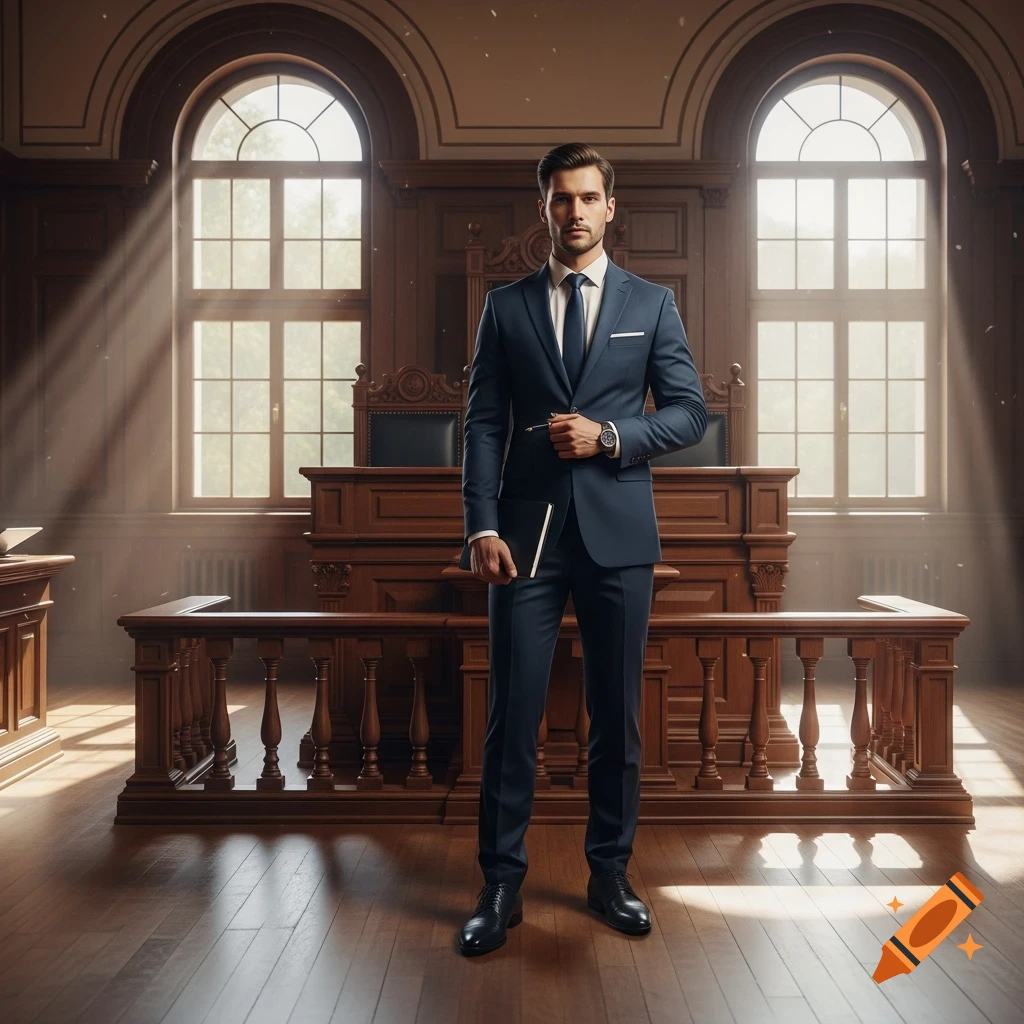 A photorealistic portrait of a lawyer in a blue suit, holding a notebook, standing in a sunlit courtroom.
