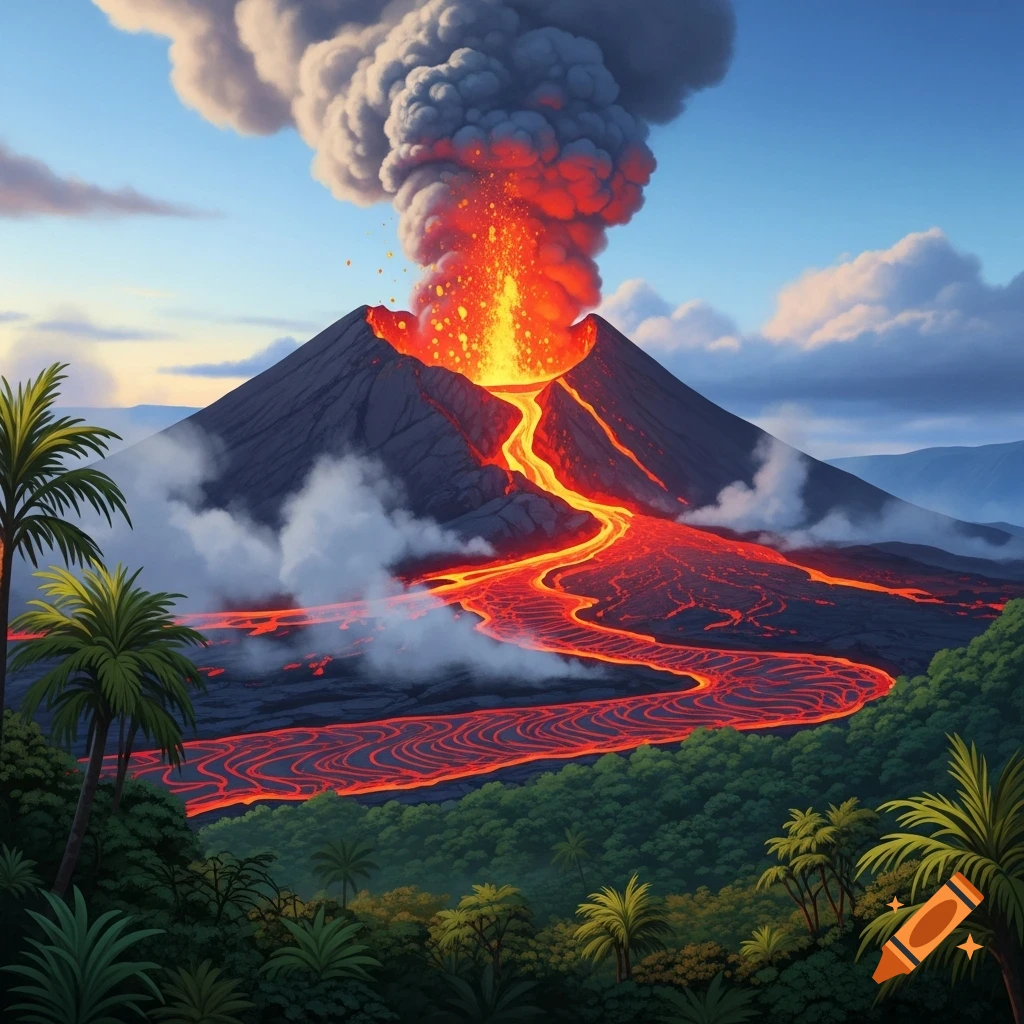 A vibrant illustration of a volcano erupting with a large plume of smoke and fiery lava flowing down its sides into a lush tropical jungle.