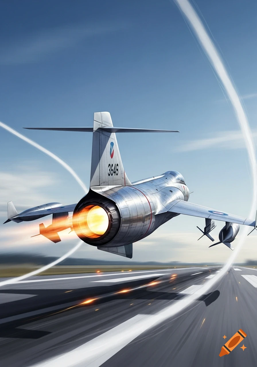 A silver F-104 jet plane takes off from a runway, its turbine booster glowing bright orange with exhaust, leaving white trails in the sky.