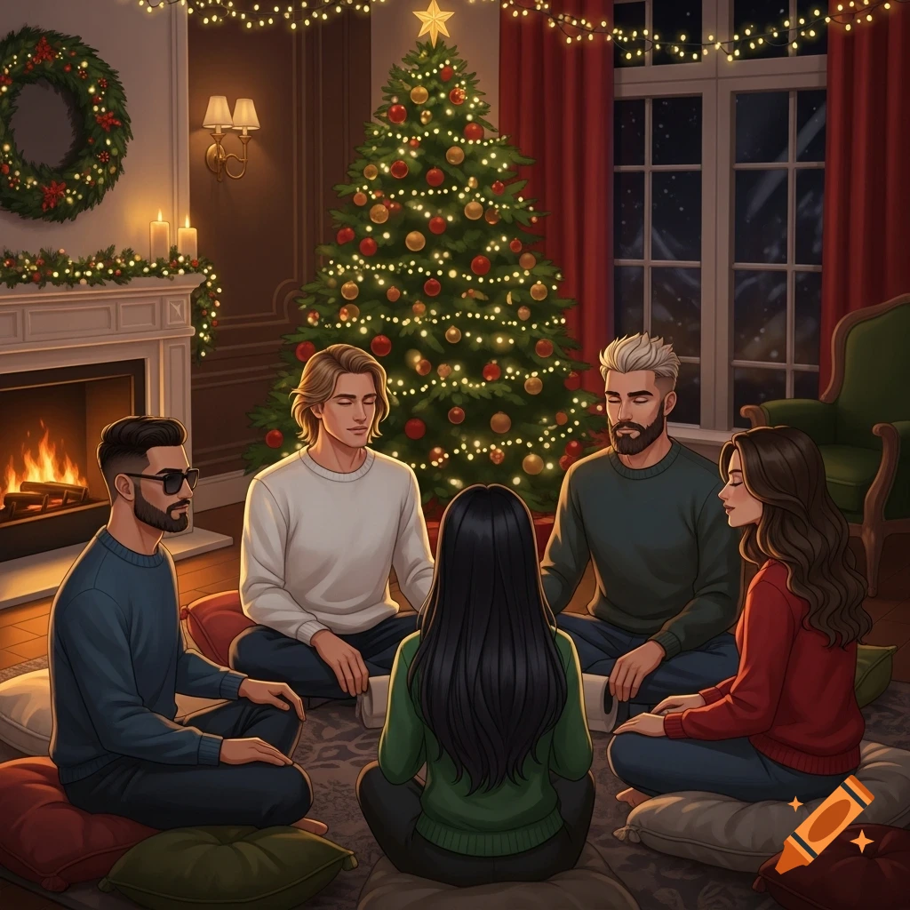 Five adults, three men and two women, sit on pillows in a circle around a decorated Christmas tree in a cozy room with a fireplace.