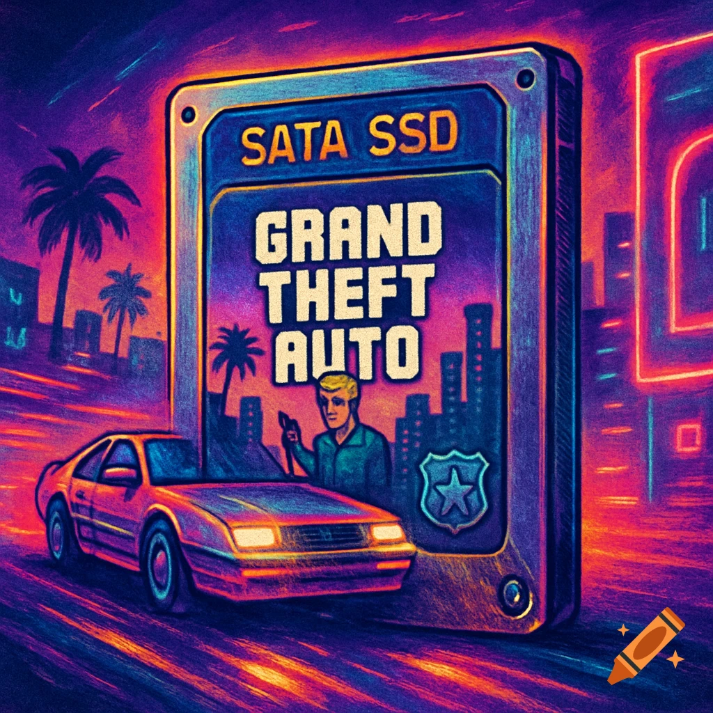 Retro synthwave art of a Grand Theft Auto SATA SSD game cartridge with a car and city skyline in vibrant neon colors.