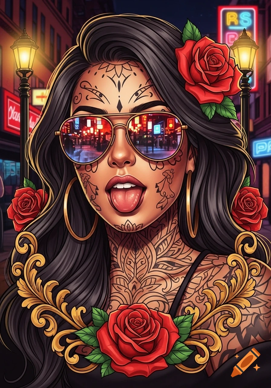 Stylized portrait of a woman with long dark hair, tattoos, sunglasses, and red roses, sticking her tongue out in an urban setting.