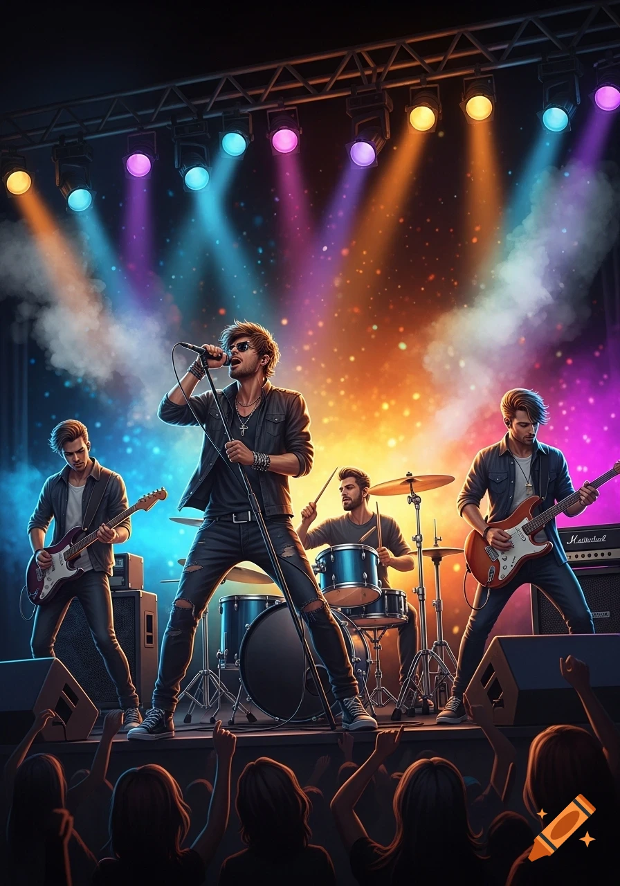 A vibrant rock band performs on stage under colorful spotlights, with a vocalist, guitarists, and a drummer, as a crowd cheers.