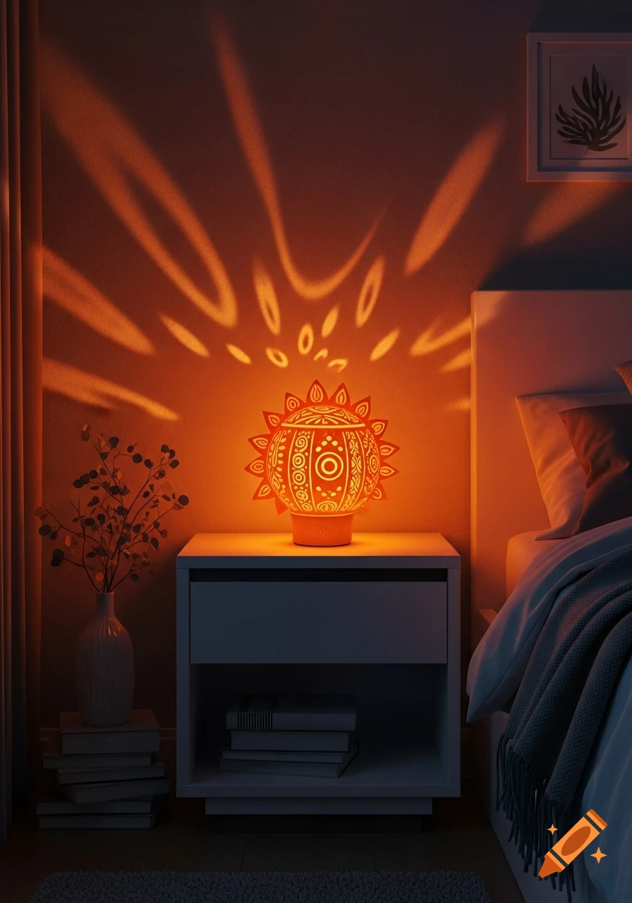 A bedside table in a dim bedroom featuring a decorative orange lamp projecting intricate patterns on the wall, next to a bed.