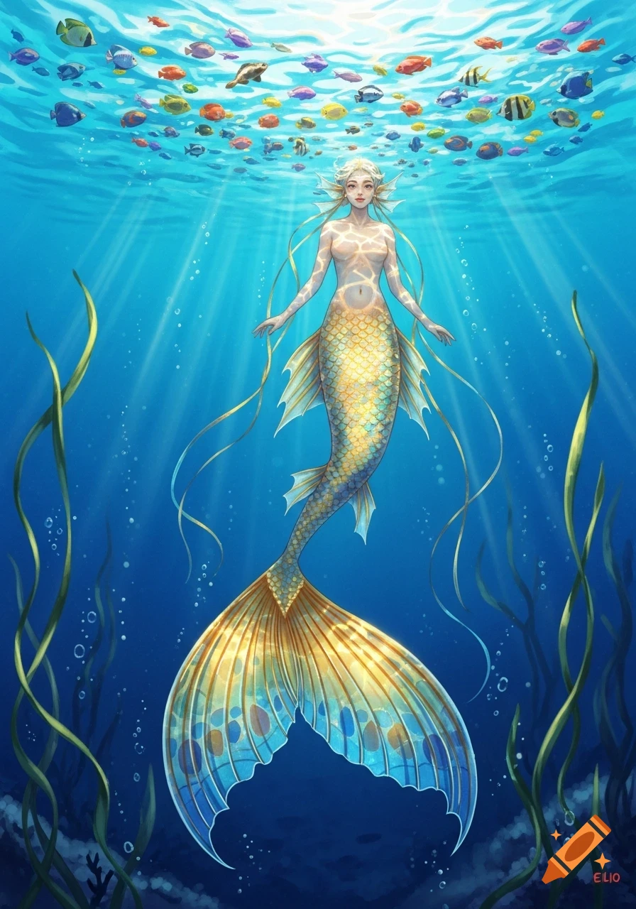 A mermaid with a golden angelfish tail swims underwater among colorful fish, with light rays filtering from above.